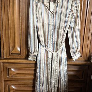 Skies Are Blue Beige Cream Striped Long Sleeve Shirt Dress Belt Lined NWT